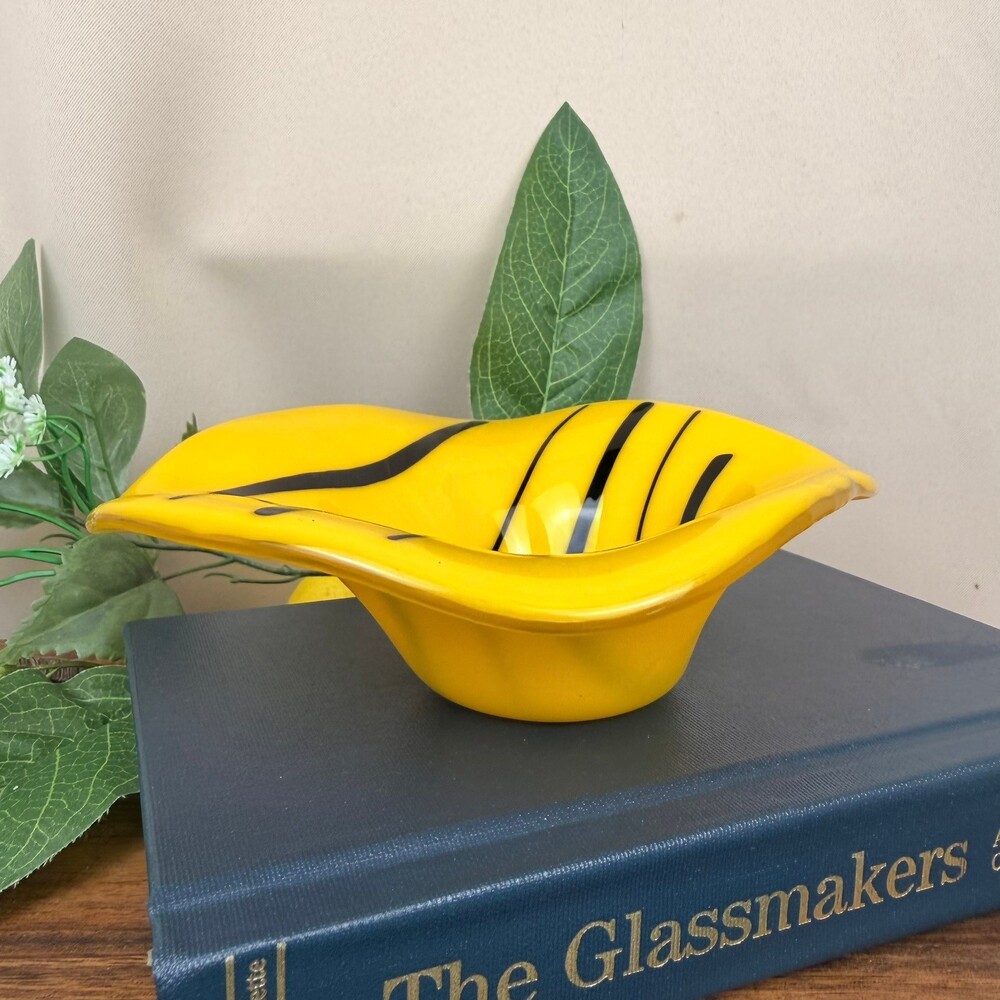 Cased 7.25" Yellow & Black Fused Art Glass Abstract Bowl Contemporary